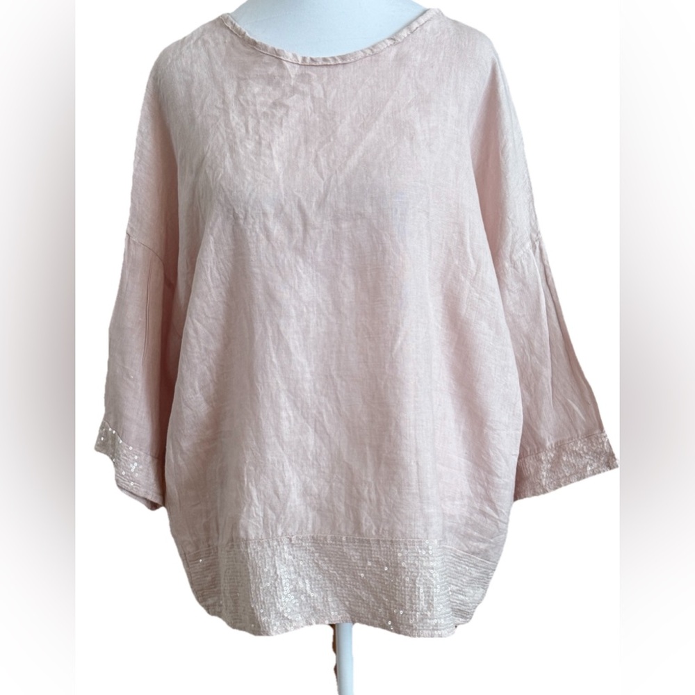 BELLAMBRA Made It Italy 100% Linen Soft Pink Blouse With Sequins Size Large
